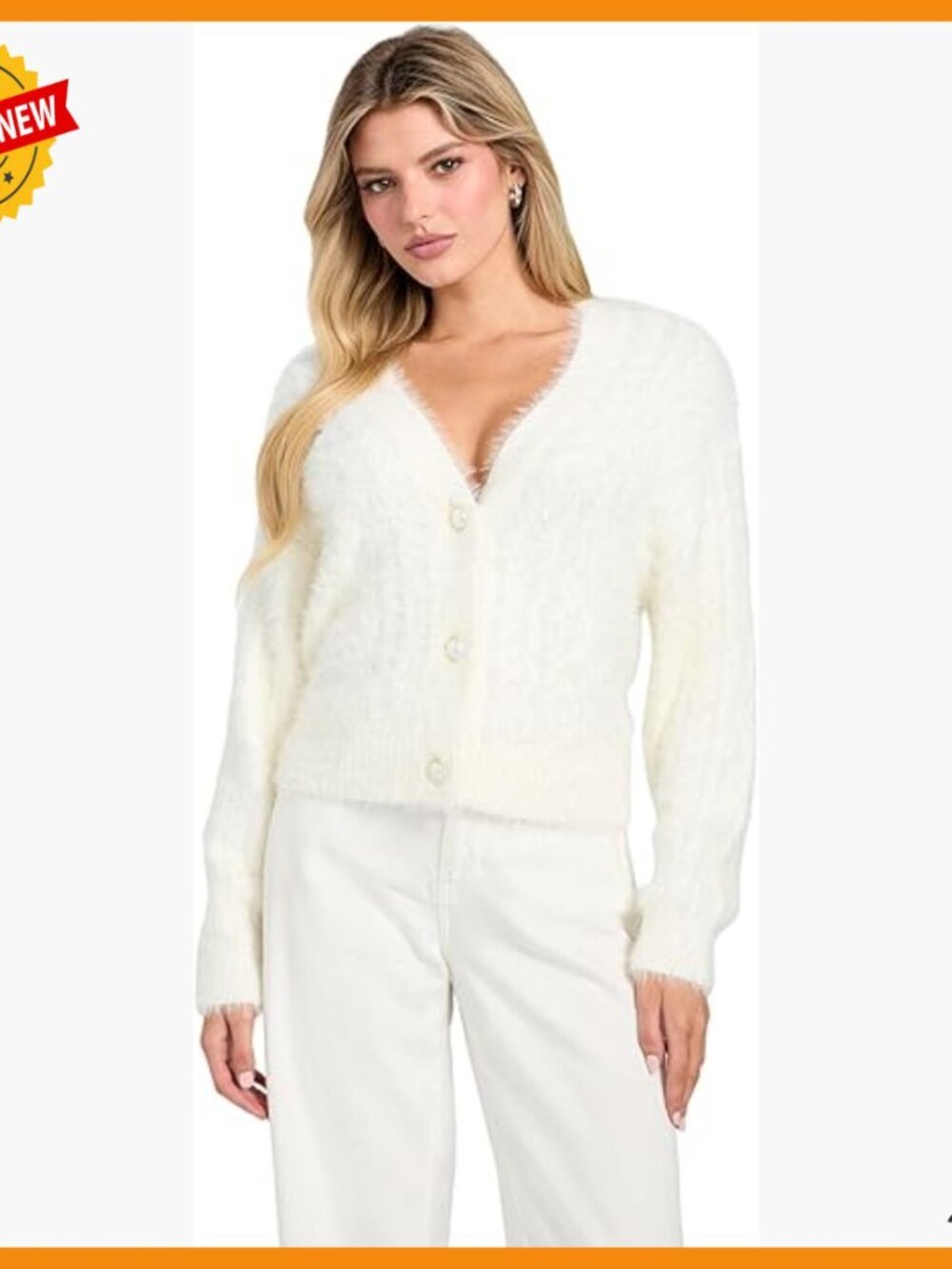 Long Sleeve Fuzzy Cardigan Sweater V Neck Three Button Closure